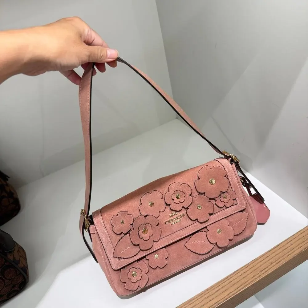 NEW‼️Coach Etta Small Flap Shoulder Bag With Floral Applique CEU02 Blush Pink